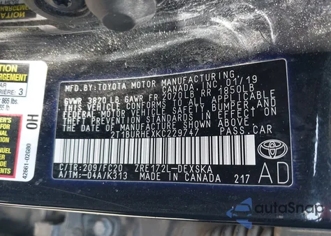 2019 Toyota Corolla L/Le/Se/Xle/Xse from USA, damaged, VIN 2T1BURHEXKC229747